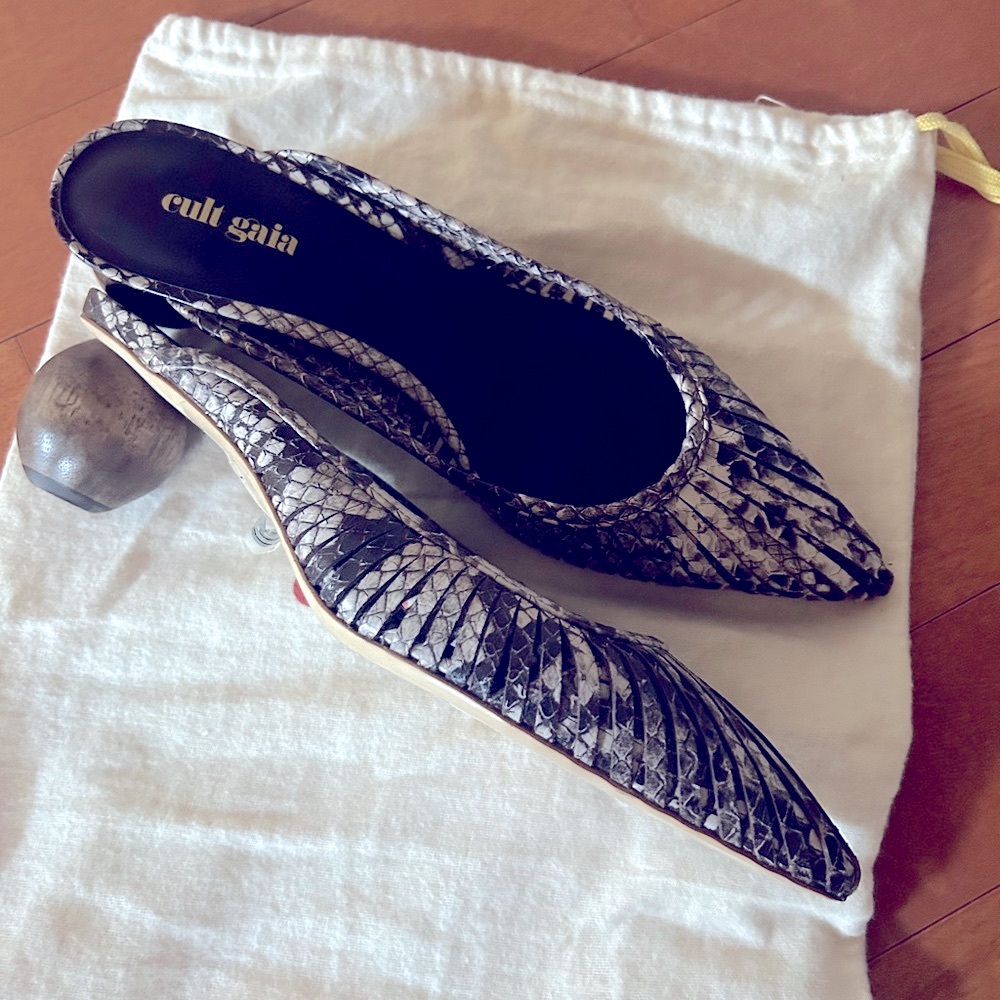 NIB CULT GAIA ALIA SNAKE SKIN BROWN GRAY BALL HEEL MULES 8.5